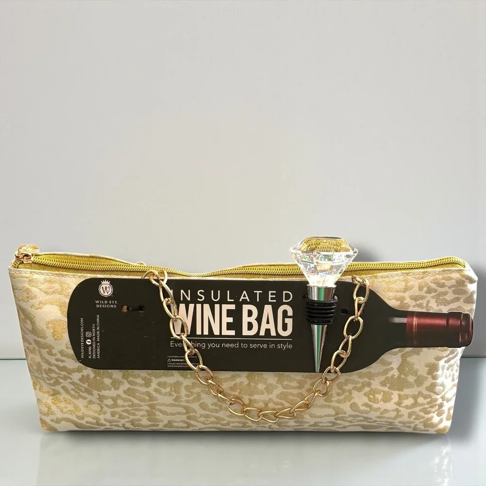 Wild Eye Designs‎ Insulated Wine Bag Leopard Print Gold Chain Rhinestone Stopper